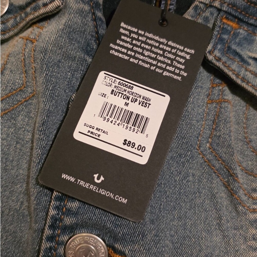 True Religion Blue Denim Vest P to P 18” - Picture 3 of 4
